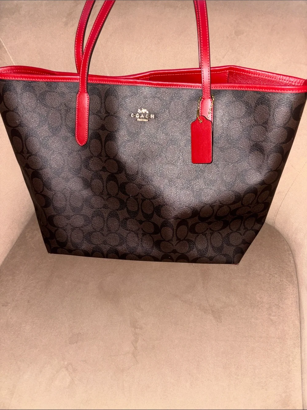 Coach Brown Signature Tote with Red Trim